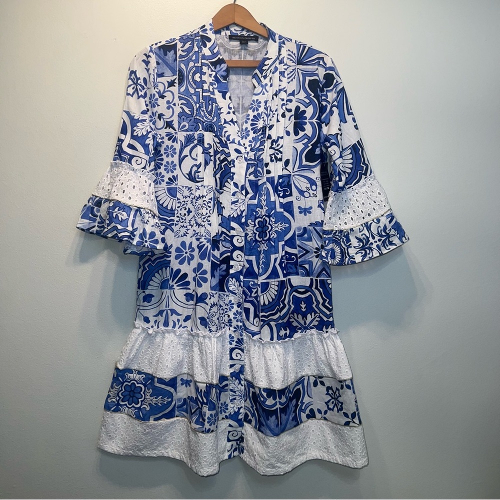 Boston Proper Floral Blue and White Midi Dress